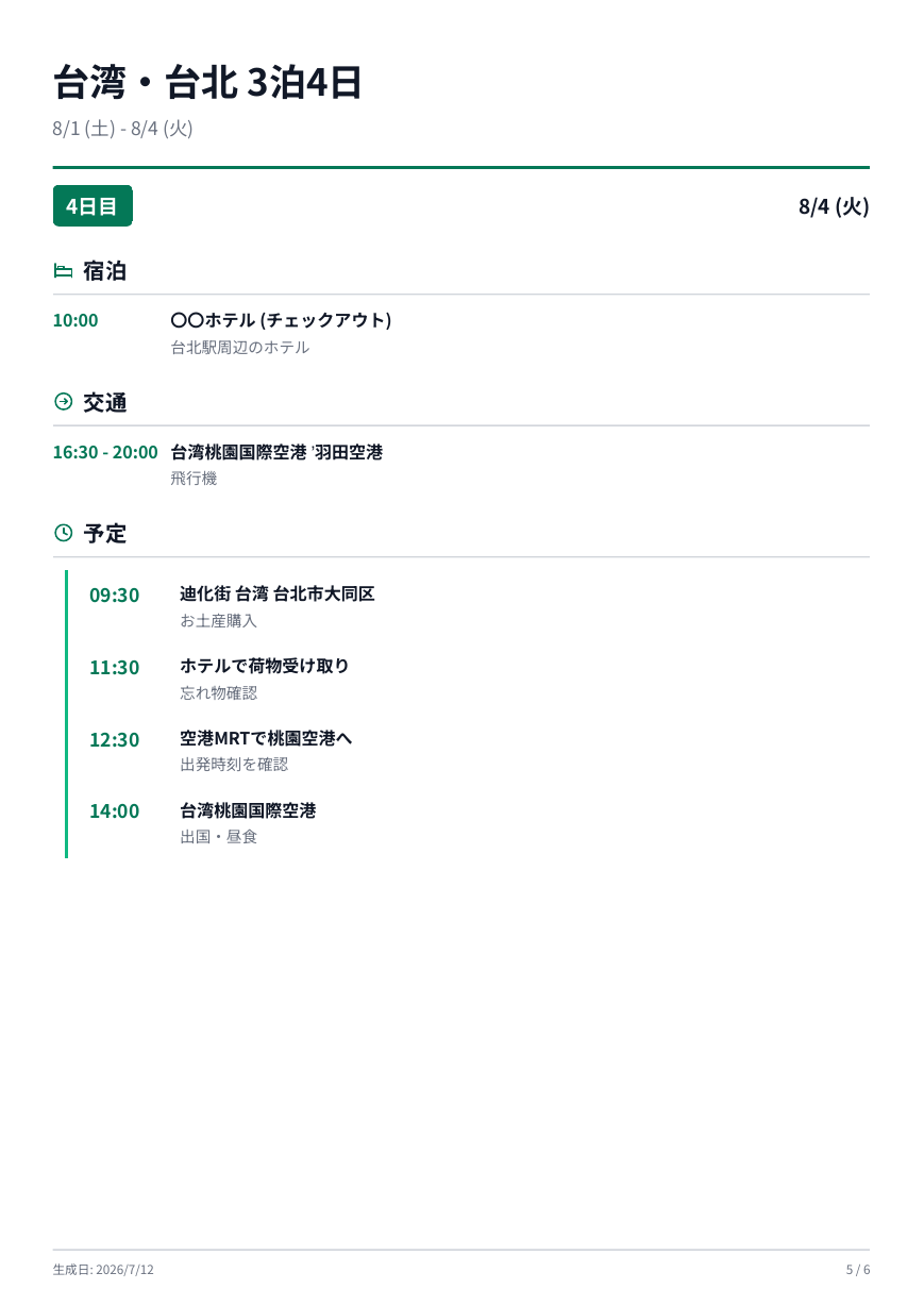 台北旅行しおりPDFの日程ページ