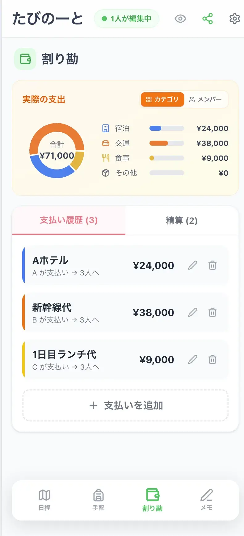 たびのーとでホテル代、新幹線代、食事代の支払い履歴を確認する画面