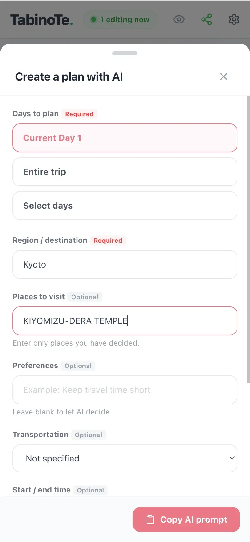 Enter trip conditions and copy an AI prompt
