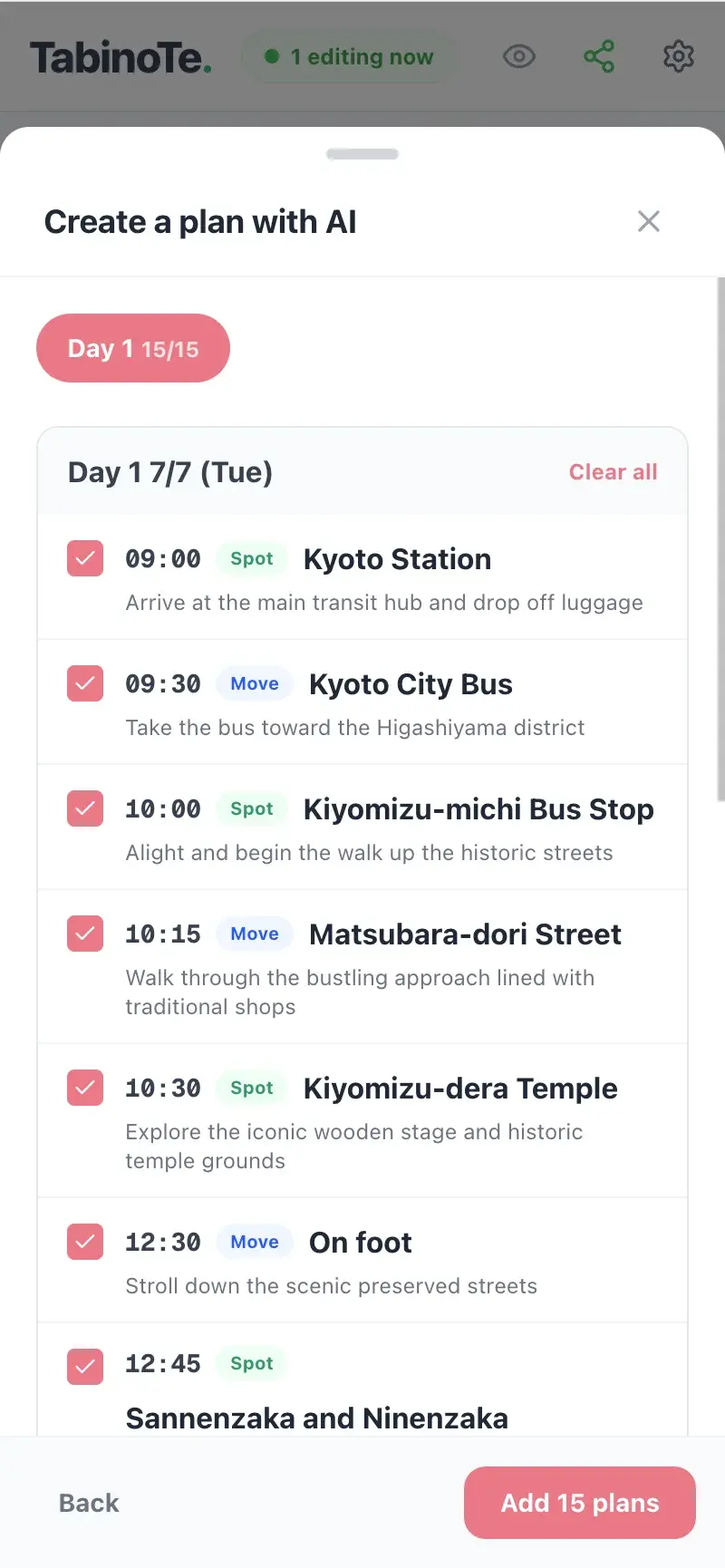 Review and add selected plans to the itinerary